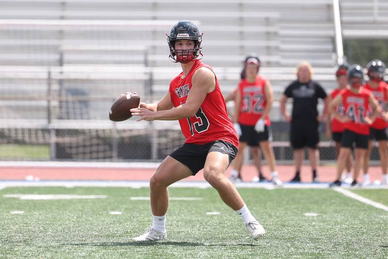 Lincoln-Way Central’s Michael Kuehl looks to pass during a 7-on-7 scrimmage at Lincoln-Way East on Tuesday, July 18th, 2023 in Frankfort.