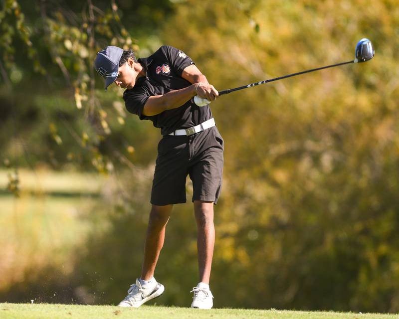 St. Charles East's Arnav Patel tees off on Monday Oct. 7, 2024, during the 3A sectional match held at Blackberry Oaks Golf Course in Bristol.