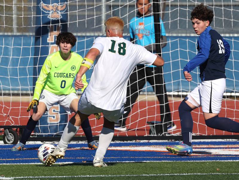 Coal City's Julian Micetich scores a goal past Chicago Academy's Rafael Pratts Friday, Nov. 7, 2025, during their Class 1A state third place game at Hoffman Estates High School.