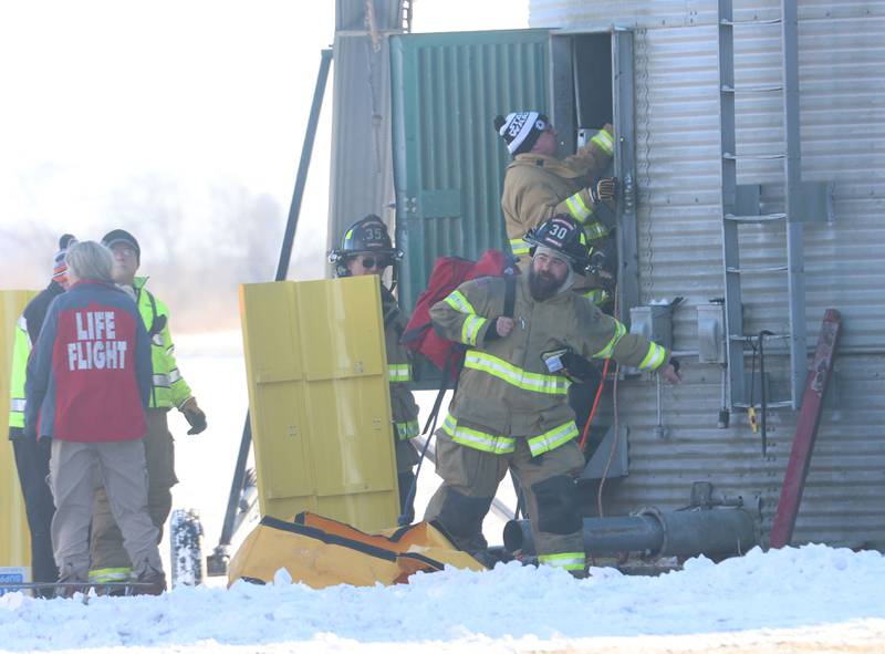 Granville and Hennepin firefighters along with OSF lifeflight crew, work the scene of a grain bin rescue on Monday, Jan. 26, 2026 in the 13000 block of North 950th Avenue just south of Granville. Two lifeflight helicopters laned and one victim was flown from the scene.