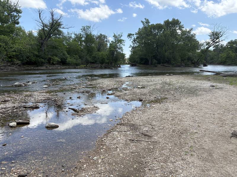 The Fox River flows near the former Carpentersville dam site June 22, 2025.