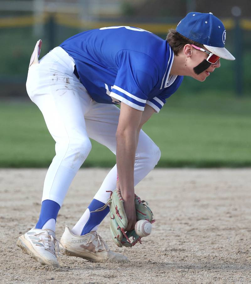 Hinckley-Big Rock's Skyler Janeski knocks down a grounder during their game against Indian Creek Monday, April 29, 2024, at Indian Creek High School.