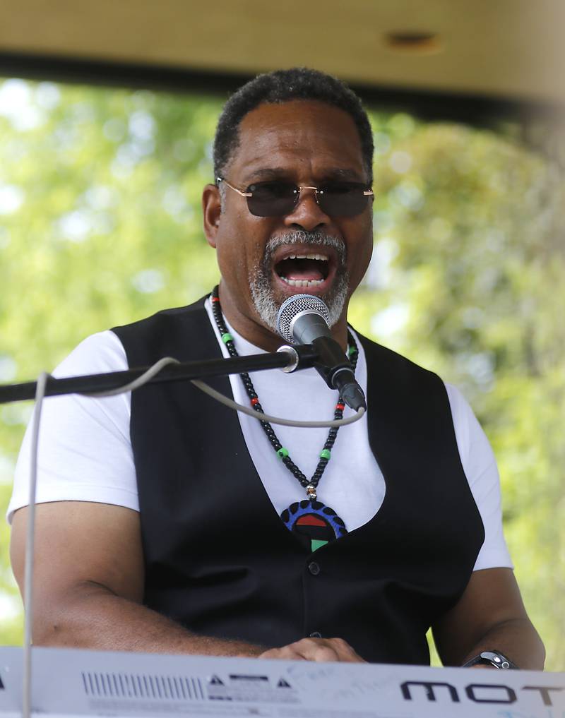 Jazz musician Ken Davis performs during McHenry County’s first Juneteenth celebration on Saturday, June 17, 2023, at the Historic Woodstock Square. The Juneteenth festival featured McHenry County College graduate Rodney Katushabe and Pastor Norval Brown of the Cary United Methodist Church, along with music from gospel singer Darlene Benton and jazz musician Ken Davis.