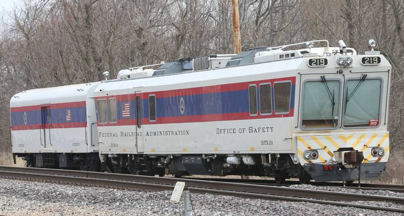 Federal Railroad Administration train cars sit on a side track on Saturday March 15, 2025 next to the former Covia plant in Utica. The cars are use for inspection on the rails along with track safety, signal systems and operating practices. The train helps ensure the safe movement of people and goods on the nations railways.