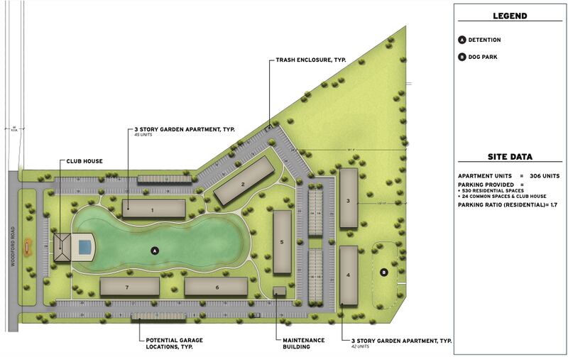 Recently approved concept map for the 306-unit Birchway apartment complex proposed south of Route 34 in Oswego. The Ogden Falls subdivision would border the development to the east.