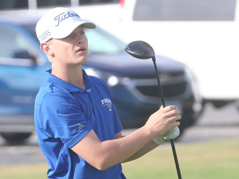 Princeton's Noah Morton tees off during the Class 1A Regionals on Wednesday, Oct. 1, 2025 at Deer Park Golf Club in Oglesby.
