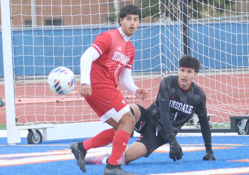 Hinsdale Central keeper Martin Contreras blocks a shot as teammate Enzo Cinque looks to chase down the rebound during the Class 3A State third place game on Saturday, Nov. 9, 2024 at Hoffman Estates High School.
