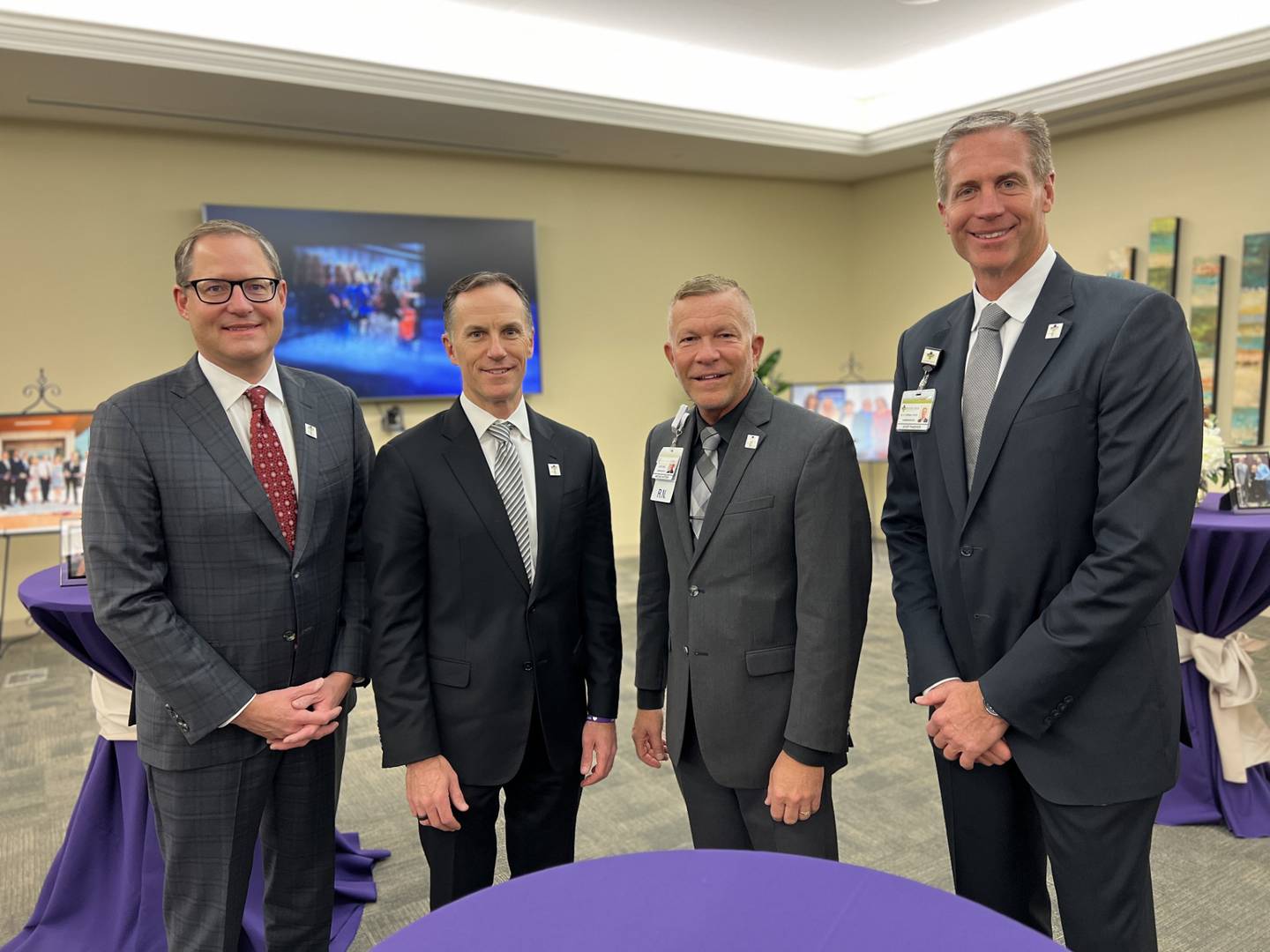 Ruth Colby was chair-elect of the Illinois Health and Hospital Association (IHA); she would have taken over as chair in January 2024. Pictured at Colby's memorial on Friday, Nov. 3, 2023, at Silver Cross are, from left, are A.J. Wilhelmi, IHA president and CEO; J.P. Gallagher, chair of the IHA board of directors and president and CEO, NorthShore University HealthSystem; Michael Mutterer, interim Silver Cross Hospital president and CEO; and Scott Paddock, Silver Cross senior vice president of external affairs.