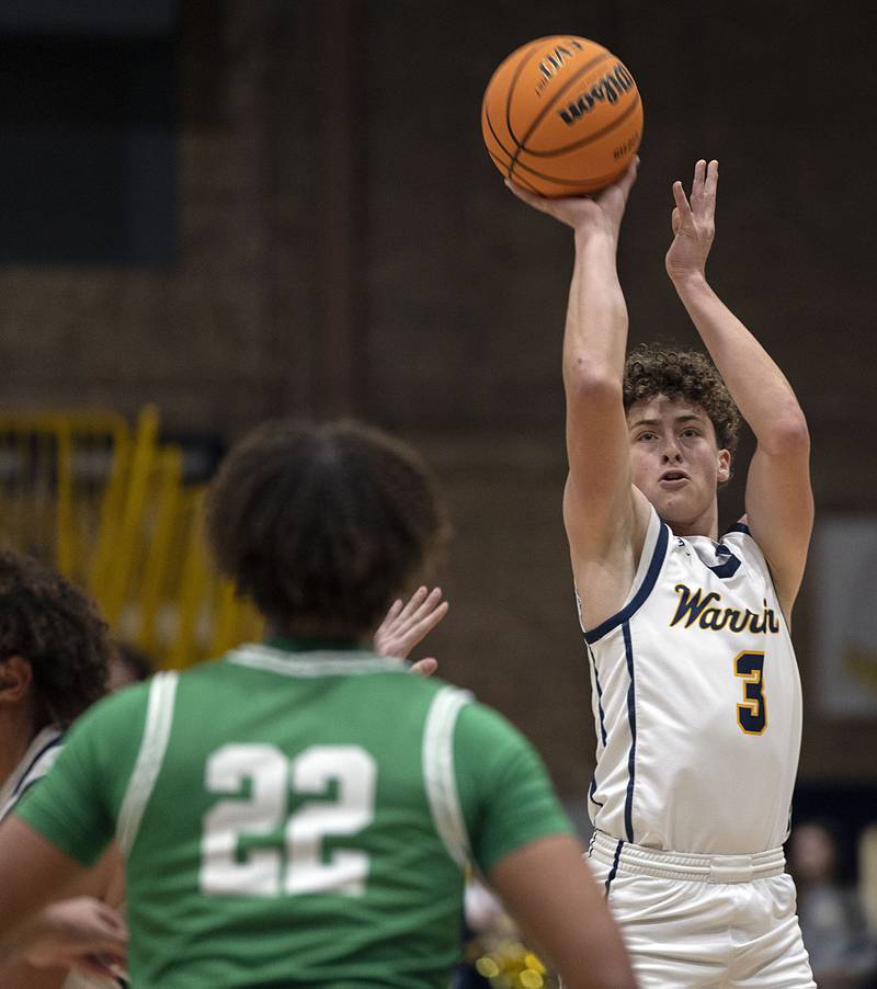 Sterling’s Brady Berlin puts up a shot against Geneseo Friday, Dec. 5, 2025.