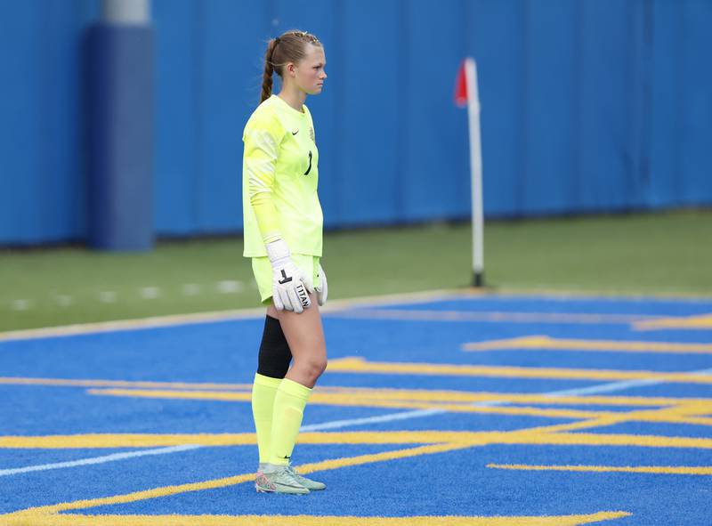 Crystal Lake Central goalkeeper Ryleigh Smith (1) watches as St. Ignatius celebrate a goal during the 2A girl's varsity supersectional soccer match between Crystal Lake South and St. Ignatius high schools on Tuesday, June 3, 2025 in Chicago.