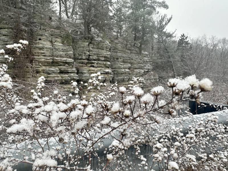 Snow covers the rocks to the enterance of Starved Rock off of Illinois Route 178 on Thursday, Jan. 2, 2025 at Starved Rock State Park.
