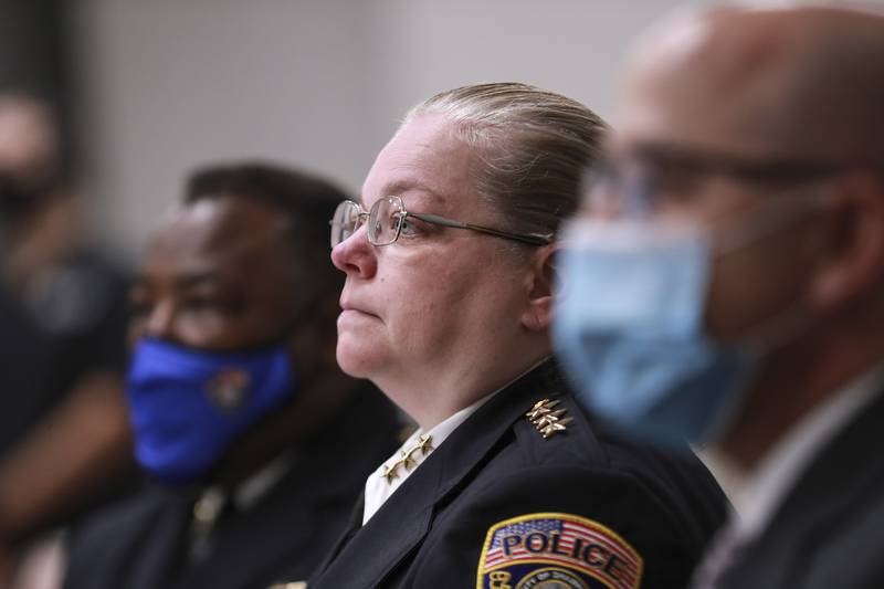 Joliet Chief of Police Dawn Malec listens to the State of the City address on Monday, March 22, 2021, at Joliet Holiday Inn in Joliet, Ill. Mayor Bob O'Dekirk delivered his annual State of the City address to the Joliet Region Chamber of Commerce & Industry.