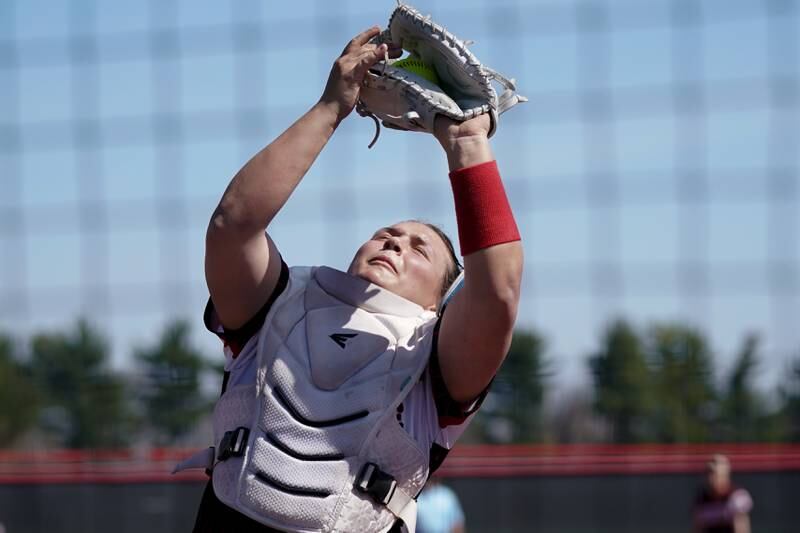 Yorkville's Kayla Kersting catches a foul ball for an out during a nonconference softball game against Antioch at Yorkville High School on Saturday, April 12, 2025.