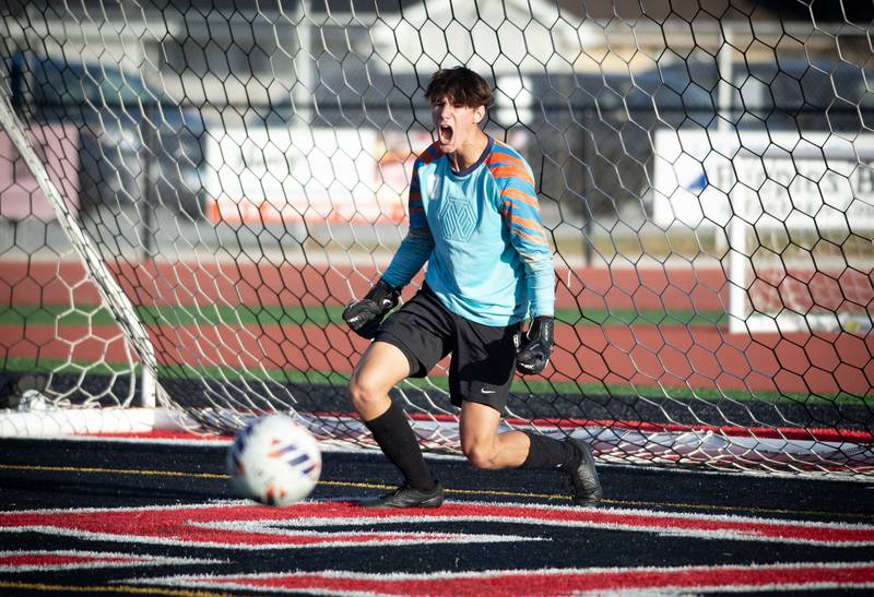 Minooka's Nolan Skedel reacts after blocking a plenty kick by Bradley-Bourbonnais in a game on Tuesday, August, 26, 2025.
