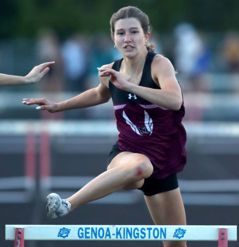 Marengo’s Olivia Walter cruises in the 300-meter hurdles in IHSA Class 2A Girls Sectional Track action at Genoa-Kingston School in Genoa on Friday, May 16, 2025.