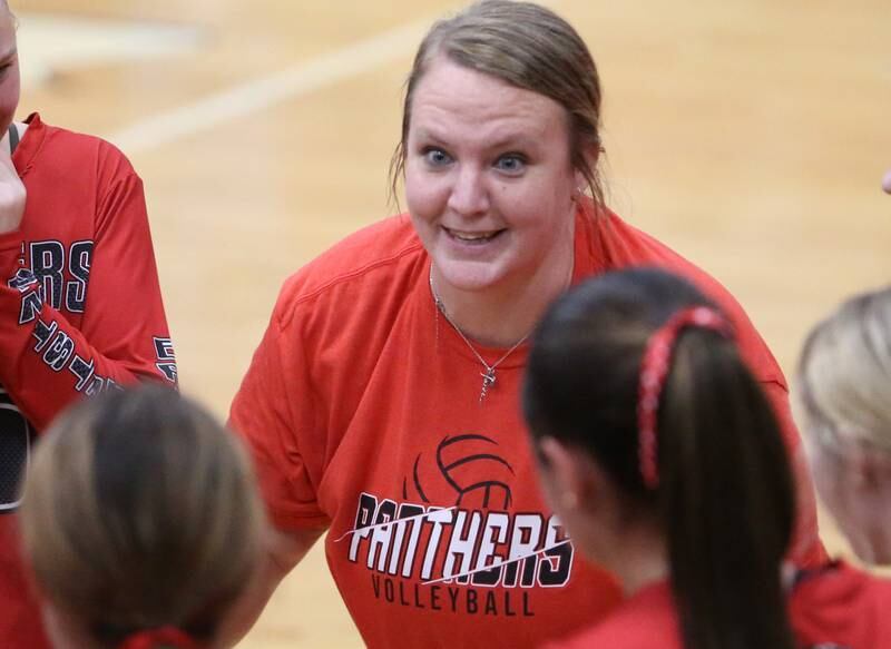 Erie Prophetstown head volleyball coach Heather Bruns smiles with excitement after defeating Seneca in the Class 2A Sectional semifinal game on Tuesday, Nov. 5, 2024 at Bureau Valley High School.
