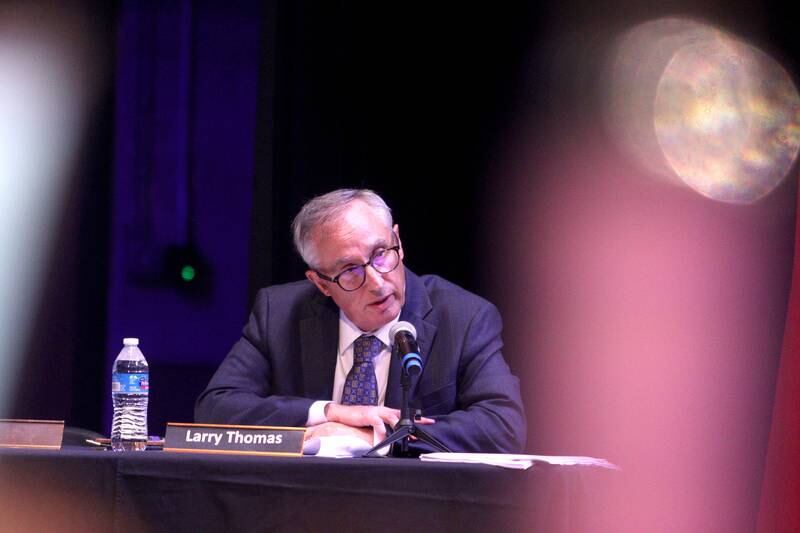 Larry Thomas describes his recommendations on soil quality and environmental ramifications as the McHenry City Council on Monday, Aug. 7, 2023, addressed a Jack Pease proposal to mine 110 acres at Route 120 and Chapel Hill Road. The meeting was held in McHenry High School’s Upper Campus auditorium.
