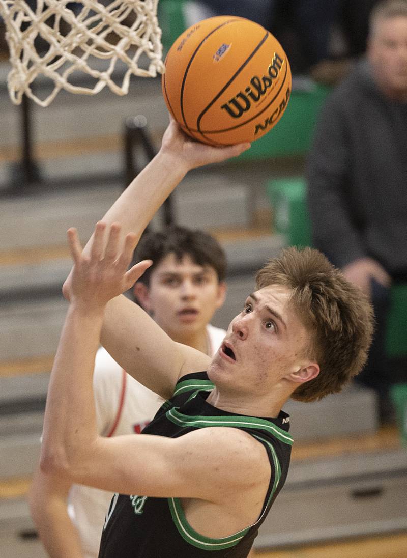 Rock Falls’ Max Burns lays it in against Oregon Wednesday, Feb. 25, 2026, in the Class 2A regional semifinal at Rock Falls High School.