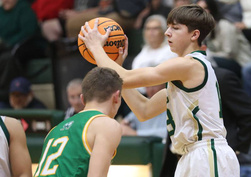 St. Bede's Graham Ross looks to pass the ball around Seneca's Matt Stach on Tuesday, Dec. 16, 2025 at St. Bede Academy.