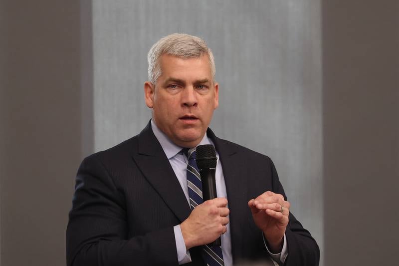 Joliet mayor Bob O’Dekirk answers a question at a forum for the candidates at the Joliet Public Library on Tuesday, March 28th, 2023 in Joliet.