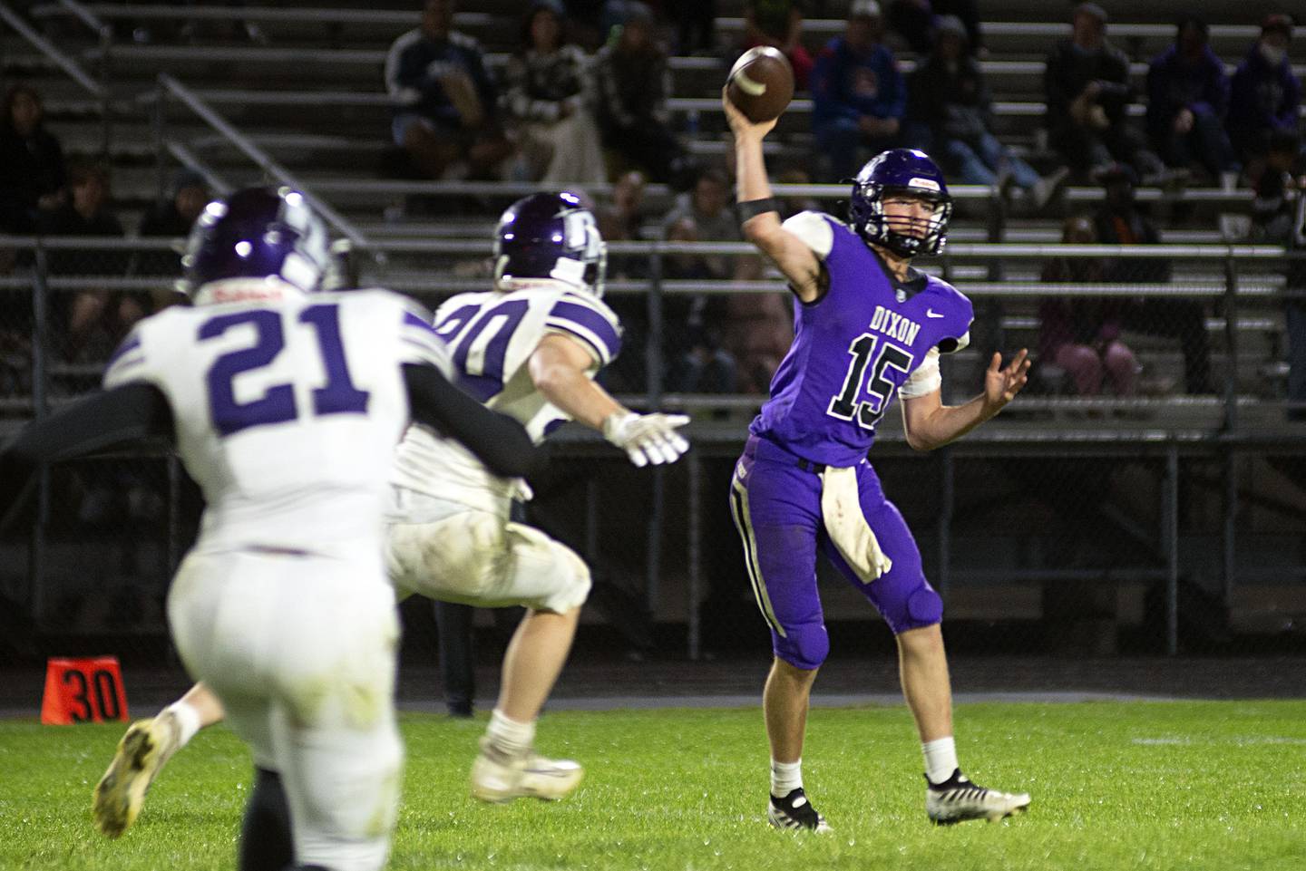 Dixon’s Tyler Shaner fires a pass against Rockford Lutheran Friday, Sept. 30, 2022.