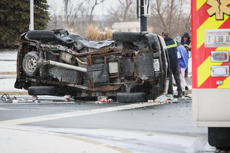 Two people were transported to the hospital with injures following a two-vehicle crash Saturday morning, Dec. 17, 2022 at the intersection of Talamore Boulevard and Route 47 in Huntley, during which one of the vehicles rolled over on its side.