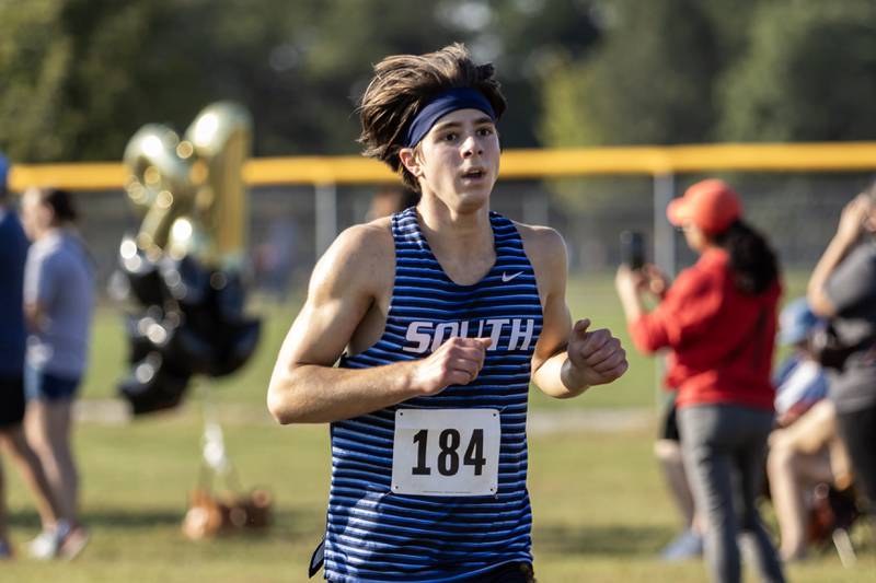 Downers Grove South’s Thomas O'Connor finishes the Locktoberfest three-mile varsity cross country race at Dellwood Park in Lockport on October. 4, 2025.