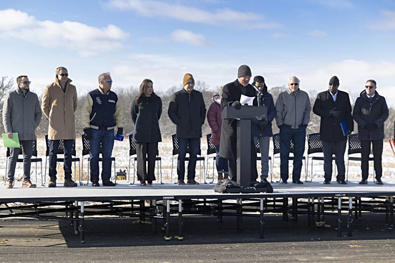 Local leaders greet a crowd Monday, Nov. 27, 2023 for the groundbreaking of the Dixon YMCA’s Lovett Child Development Center.