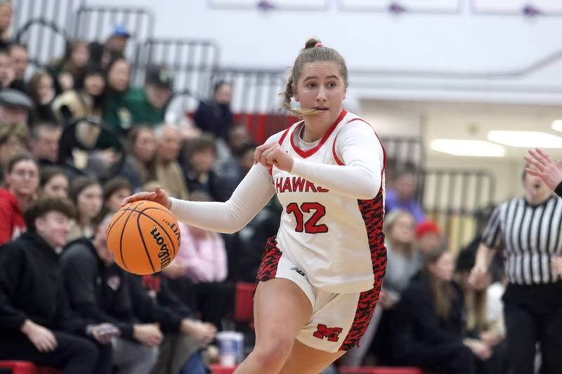 Maine South’s Katie Barker moves the ball against Huntley in Komaromy Holiday Classic varsity girls basketball championship game action on Monday, Dec. 30, 2024, at Dundee-Crown High School in Carpentersville.