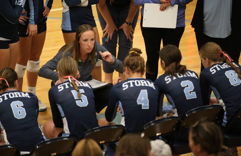 Bureau Valley head volleyball coach Saige Barnett coaches her team against St. Bede on Tuesday, Sept. 5, 2023 at Bureau Valley High School.