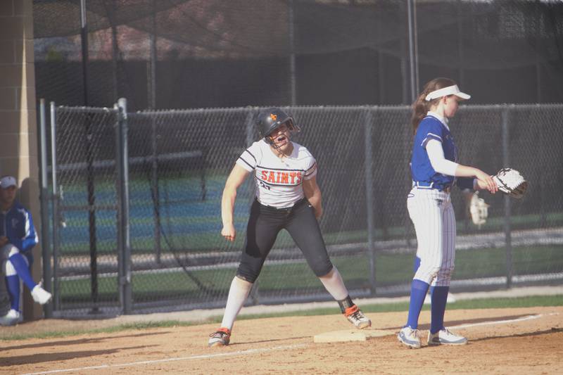 St. Charles East's Hayden Sujack celebrates hitting a triple against Wheaton North on Monday, April 21, 2025 In Wheaton.