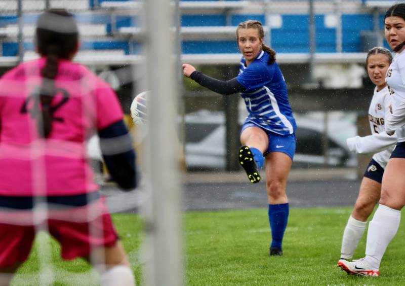 Princeton's Ava Kyle takes a shot on goal against Sterling Thursday at Bryant Field. The Tigresses won 3-1.