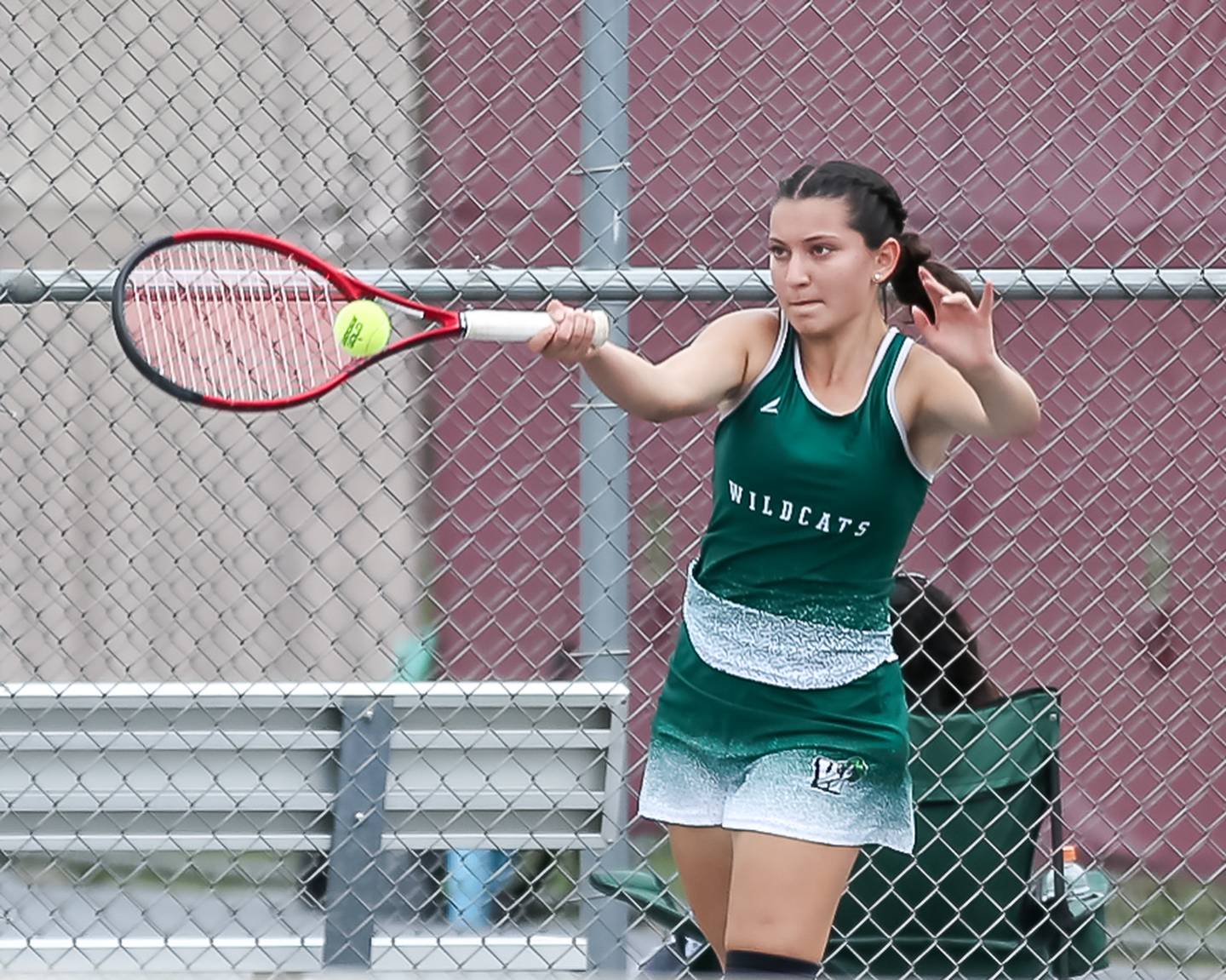 Plainfield Central's Alexandra Valadez returns a shot in her doubles match at the Plainfield North Girls Tennis Invite.  Oct 4th, 2023.