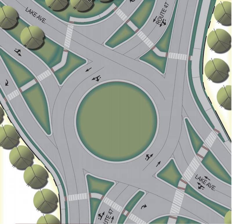 An example of what the intersection of Route 47 and Lake Avenue could look like after the state adds a roundabout, with no stamped colored concrete. This design would be least expensive for the city.