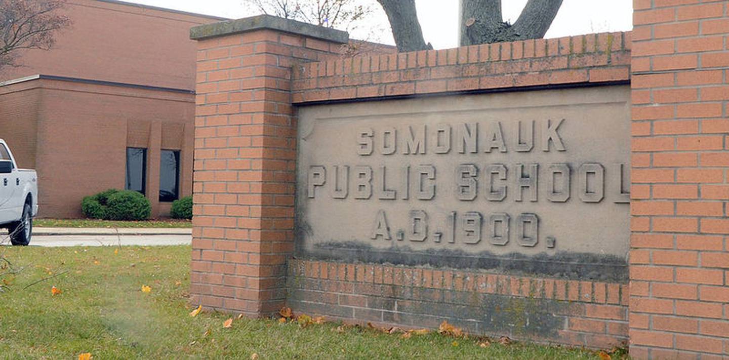 A cornerstone outside Somonauk High School.