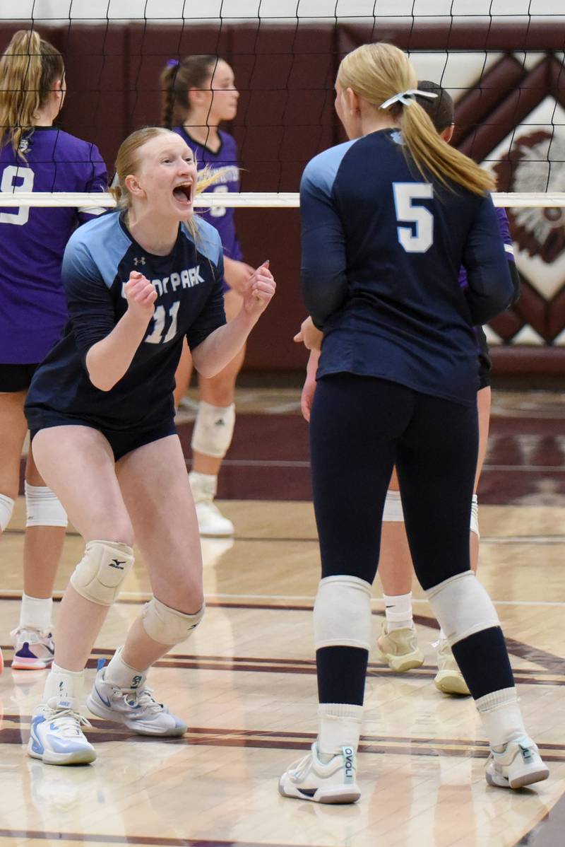 Cissna Park's Sophie Duis, left, celebrates with Mady Marcott after the Timberwolves defeated Lexington in the IHSA Class 1A Watseka Sectional championship Thursday, Nov. 6, 2025.