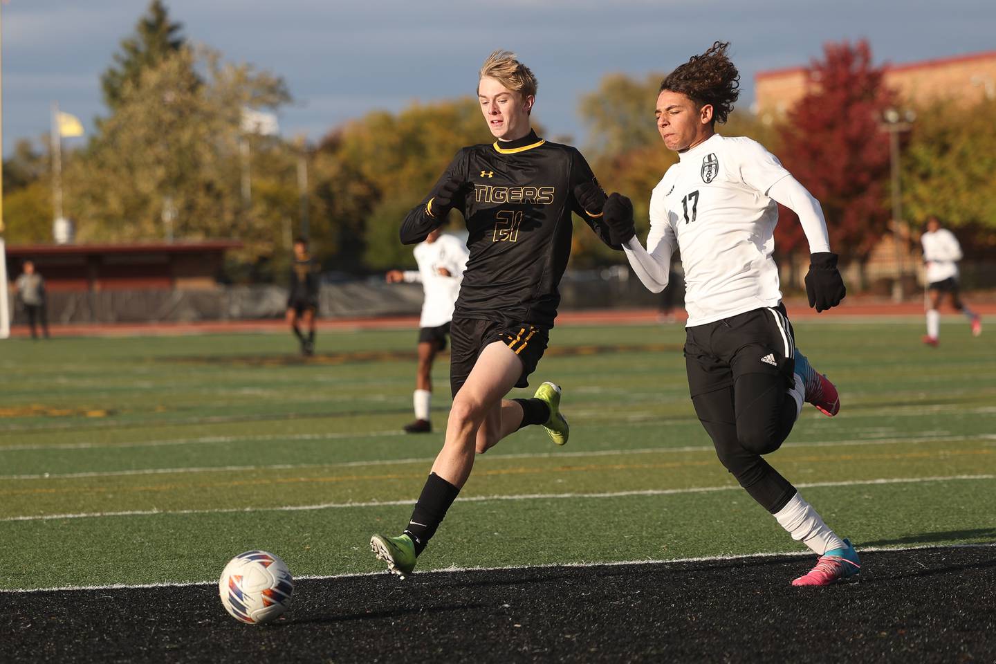Joliet West’s Landon Brouwer runs down the ball against East Moline United in the Class 3A Joliet West Regional semifinal on Tuesday.