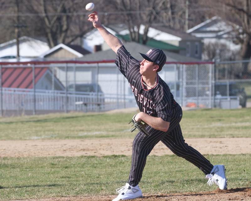 Hall's Jaxon Pinter lets go of a pitch to Streator on Thursday, March 19, 2026 at Streator High School.
