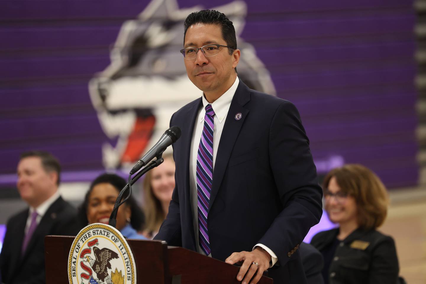 JJC President Dr. Clyne Namuo speaks at a press conference regarding the state’s proposed investment in higher education at Joliet Junior College on Thursday, March 16th, 2023.