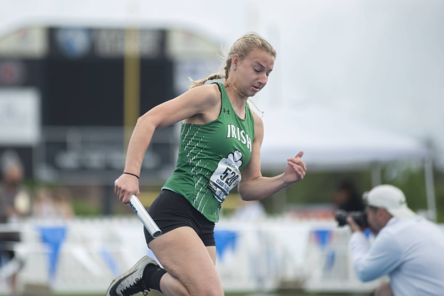 Seneca's Caitlyn O'Boyle competes in the 4x1 finals during the IHSA girls state championships, Saturday, May 21, 2022 in Charleston.
