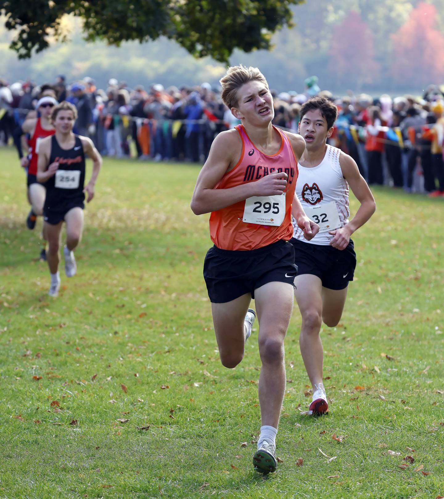 Myles Wagner of McHenry (295) and 
Elliot Baik of Hersey (32)during the IHSA Class 3A Hoffman Estates cross country sectional Saturday, Nov. 1, 2025 at Busse Woods in Schaumburg.