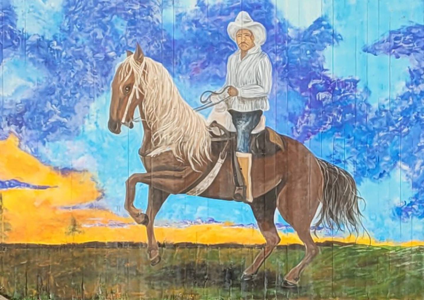 Completed by local artist Melissa Wallace, 43, the mural at Rancho El Calate outside Ringwood depicts homeowner and horse trainer Roberto Antunez atop a dancing stallion set before a ‘Starry Night’ inspired sunset.