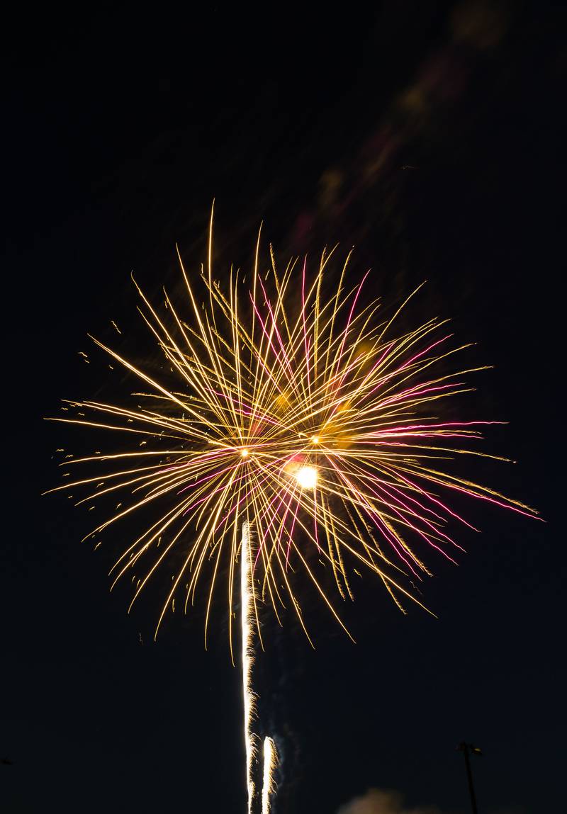 The “July 4th Fireworks” soar through the air at Langum Park in St. Charles on Friday, July 4, 2025.