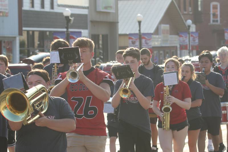 The Hall High School band marches during the Homecoming parade on Thursday, Sept. 18, 2025 downtown Spring Valley.