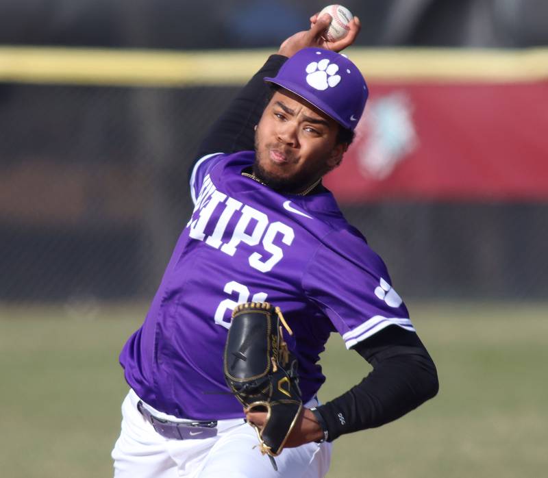 Hampshire’s Wilson Wemhoff delivers  in varsity baseball on Wednesday, April 16, 2025, at Prairie Ridge High School in Crystal Lake.