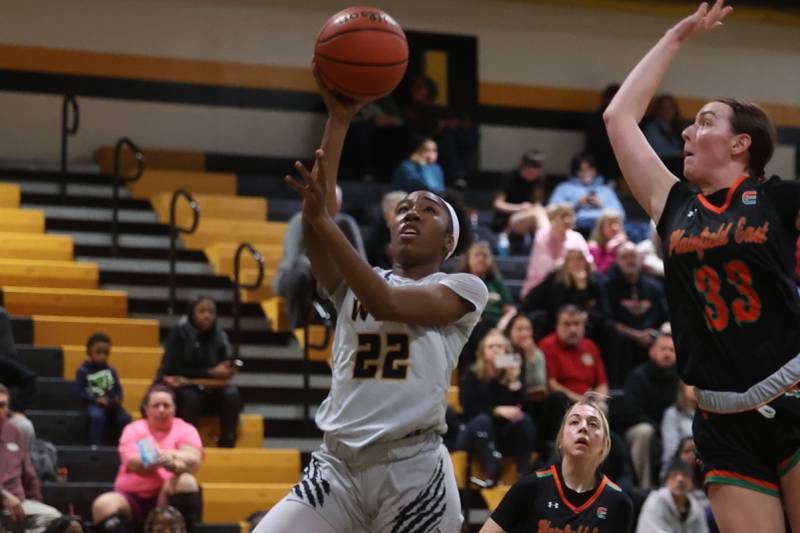 Joliet’s Makayla Chism puts up a shot against Plainfield East on Tuesday, Feb. 6th 2024 in Joliet.