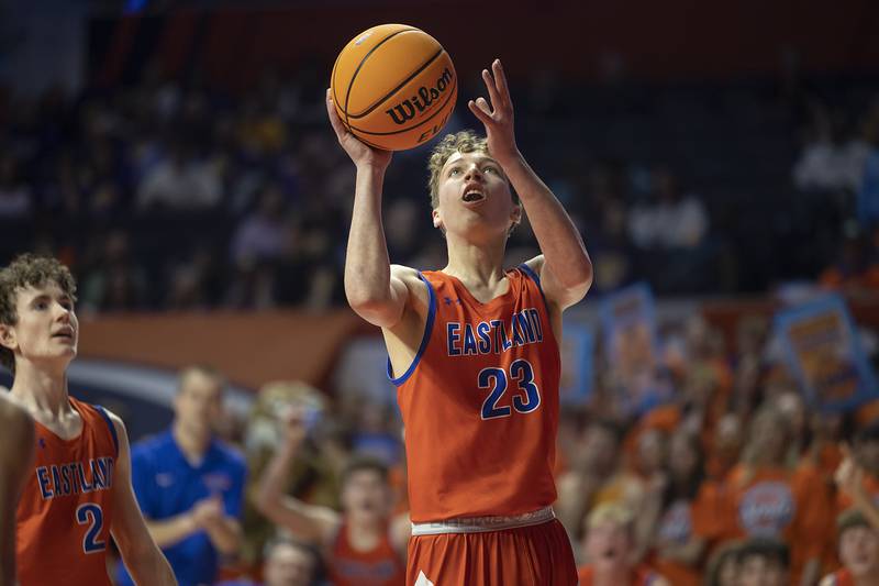 Eastland’s Perry Stoner puts in a bucket late in the game against Peoria Christian Thursday, March 13, 2025, during the Class 1A boys basketball state semifinal.