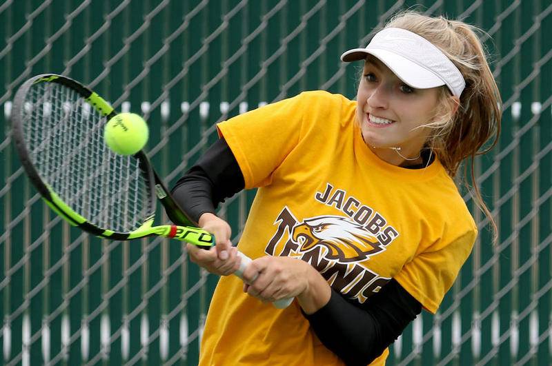 Jacobs' Chloe Siegfort faces Huntley's Ruhi Gulati in the  No. 1 singles championship final during the Fox Valley Conference girls tennis tournament at Cary-Grove High School on Saturday, Oct. 3, 2020 in Cary.