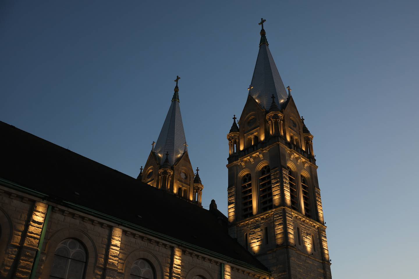 St. Joseph Catholic Church, in downtown Joliet, is illuminated with new lights on Wednesday, April 22, 2026.