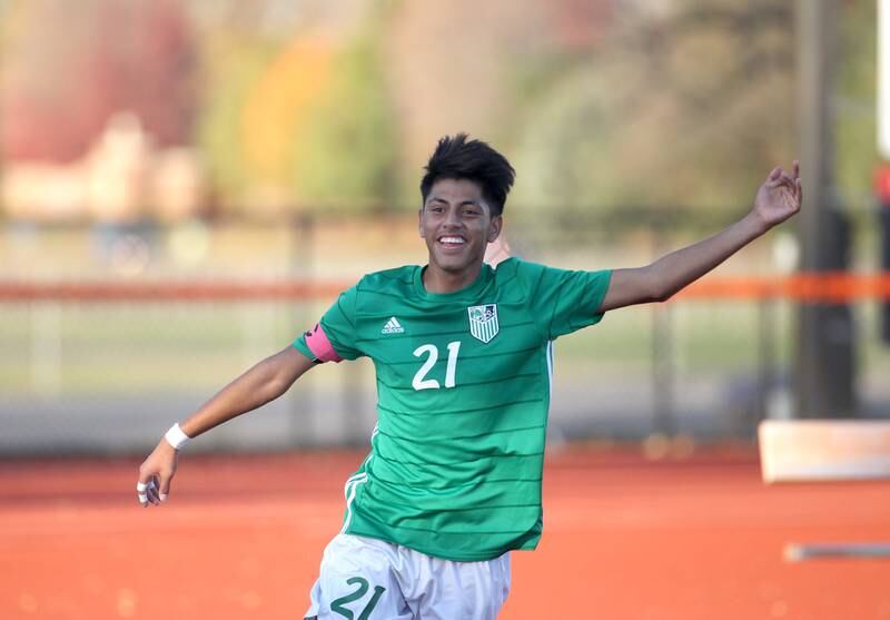 York’s Joe Hernandez celebrates a goal in the first half of a Class 3A St. Charles East Sectional semifinal game against Addison Trail on Wednesday, Oct. 26, 2022.